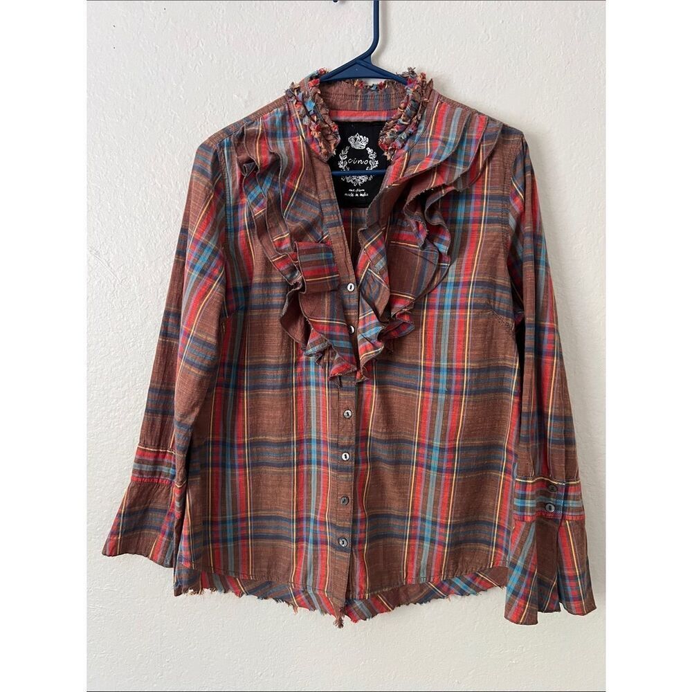 EUC CINO Ruffle Neck Bell Sleeve Cotton Button Down Shirt in Size M